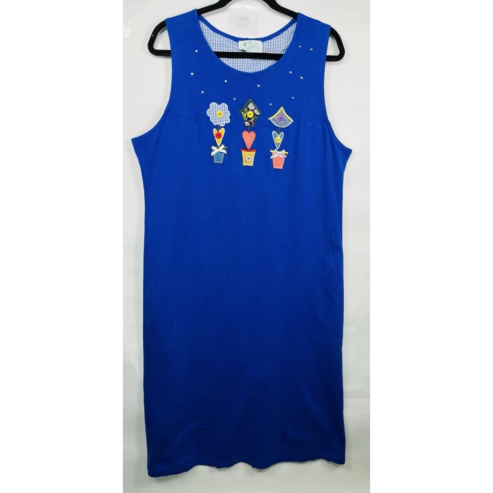 Vintage Quacker Factory Blue Embroidered Sleeveless Maxi Dress Women's L Flowers
